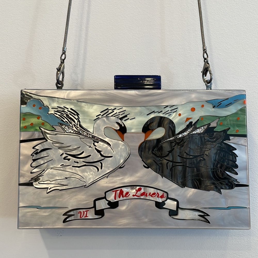 RARE Anthropologie Lucite Tarot Box Clutch THE LOVERS White Black Swan Feathers
